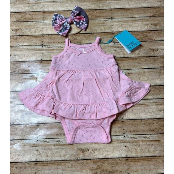 NWT Posh Peanut Cotton Candy Pointelle Ruffled Bodysuit Dress 0-3m with Bow - Picture 1 of 3